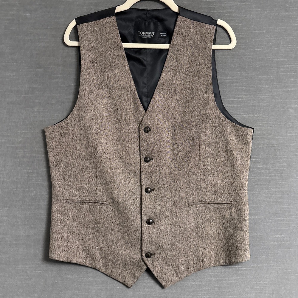 Topman Suit Vest 44 Brown Tweed Wool Blend Waistcoat Classic Casual Dapper
